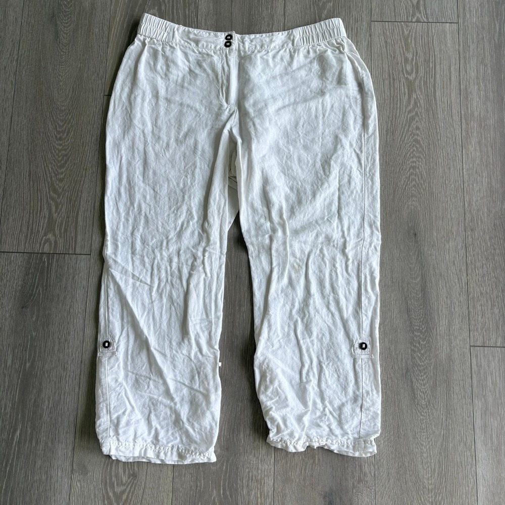 AVEC White Linen Blend Cropped Pants Large Elastic Waist Button Tab Trousers